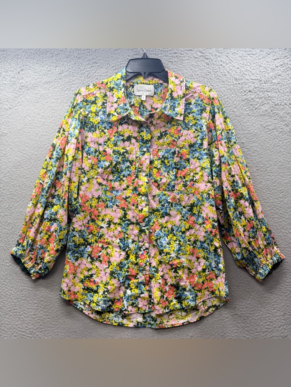 Cara Cara Women’s Floral Collared Puff Sleeve Button Up Front Multicolor Size L